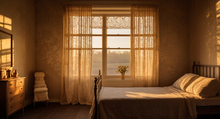 Sunlit bedroom scene featuring a bed, dresser, and window with sheer curtains, casting warm light across the room.