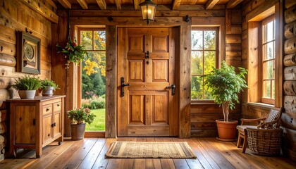 Wooden log cabin foyer with autumnal view