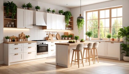 Fototapeta premium Bright minimalist kitchen bathed in natural light with abundant greenery and wooden accents