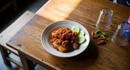 Authentic Indonesian Ayam Geprek Dish on Wooden Table with Sunlight
