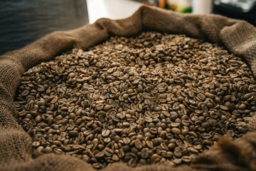 Obraz premium An overflowing burlap sack filled with freshly harvested coffee beans, showcasing richness and texture. Ideal for conveying themes of coffee production, agriculture, and organic ingredients.