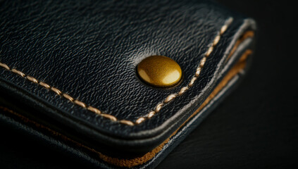 The black leather wallet features delicate thin stitching and a shiny gold button on the edge, shown against a dark black background from the view above,