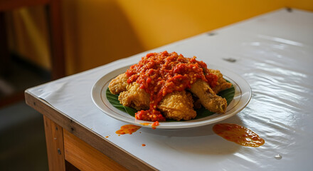 Ayam Geprek Indonesian Fried Chicken with Spicy Sambal Sauce