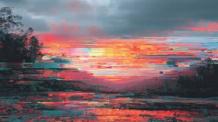 Distorted sunset over a valley