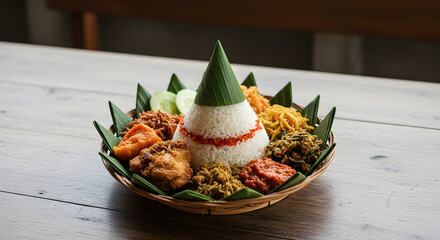 Indonesian Nasi Tumpeng Festive Rice Cone Dish Presentation