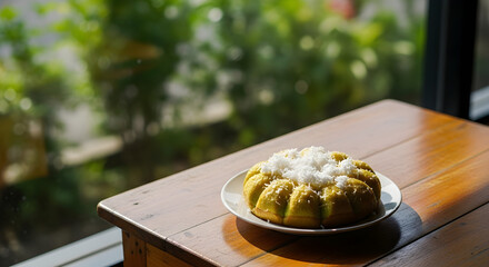 Delicious Buko Pandan Cake with Coconut Topping on Wooden Table