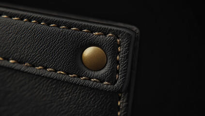 The black leather wallet features delicate thin stitching and a shiny gold button on the edge, shown against a dark black background from the view above,
