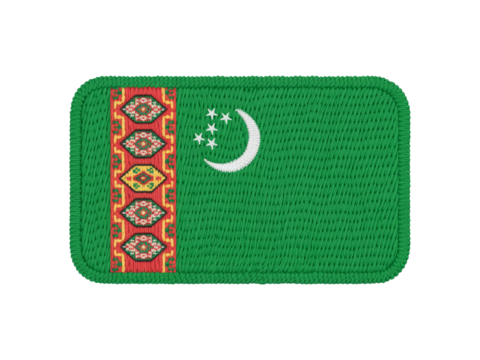 Turkmenistan flag showcased in an embroidered patch with symbolic crescent and stars, transparent background