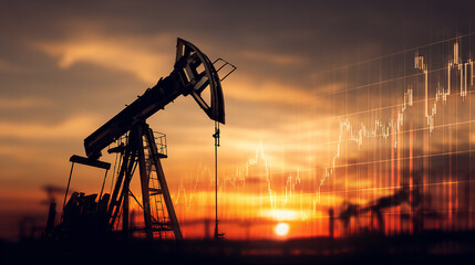 Oil pump jack silhouette at sunset with financial infographic overlay