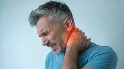Obraz premium Mature man grimacing in pain while holding his aching neck, highlighting discomfort and strain