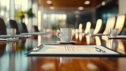 Empty conference room with a cup of coffee, pen, and documents arranged neatly on a polished wooden table ready for a meeting.
