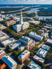 Obraz premium Aerial view of Savannah Georgia historic center with city hall the savannah river Johnson square business center high rise mid century office building