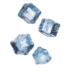 Four clear ice cubes with jagged edges scattered in a dynamic arrangement isolated on transparent background