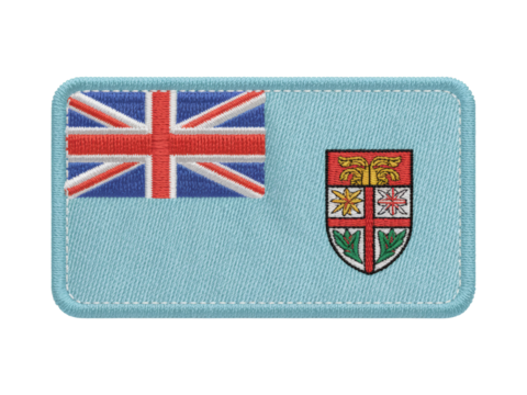 Embroidered Fiji flag patch featuring national symbols on a fabric texture, transparent background