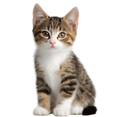 Obraz premium Adorable tabby kitten sitting and looking forward with curious eyes isolated on transparent background