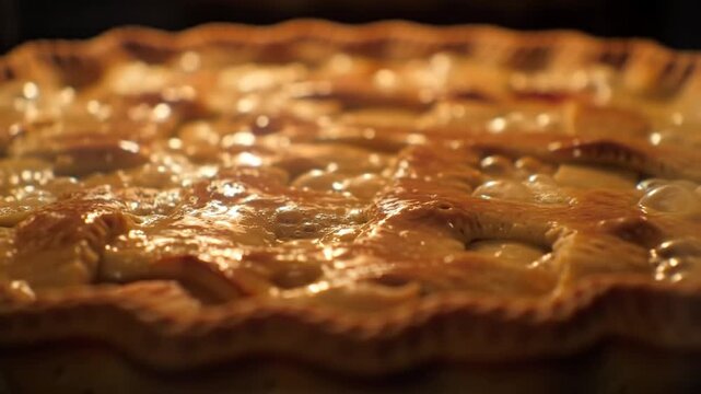 Close-up of a freshly baked pie with a lattice crust, glistening with bubbles