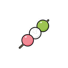 A colorful illustration of three dango mochi balls on a wooden skewer.