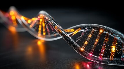 A glowing double helix structure resembling DNA strands with vibrant lights illuminating the intricate design against a 