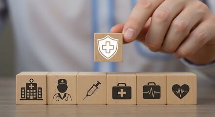A hand places a wooden block with a health shield icon, symbolizing healthcare insurance and medical protection
