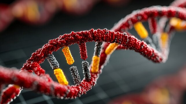 Colorful DNA double helix structure with red, yellow, and black nucleotides representing genetic coding, - Powered by Adobe