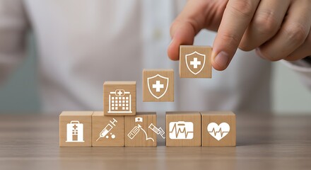 A hand places a wooden block with a health shield icon, symbolizing healthcare insurance and medical protection