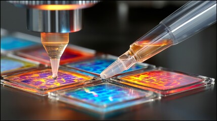 A pipette dispenses liquid onto vibrant square slides, likely for microscopic analysis,