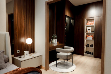 comfortable bedroom with aesthetic minimalist design and dim lighting, goods rack