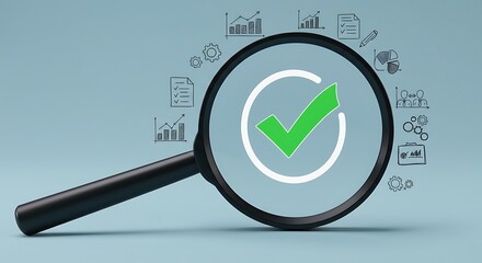 A magnifying glass focuses on a green check mark surrounded by business icons, symbolizing quality control and successful validation