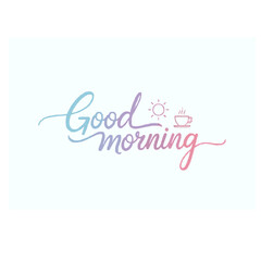 Fototapeta premium Soft pastel handwritten “Good Morning” greeting with sun icon, suitable for motivational prints, digital messages, or social media inspiration.