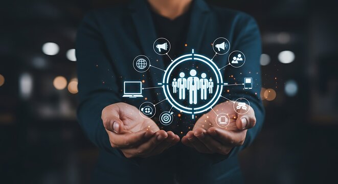 A person is holding a digital display of a target audience surrounded by marketing and communication icons