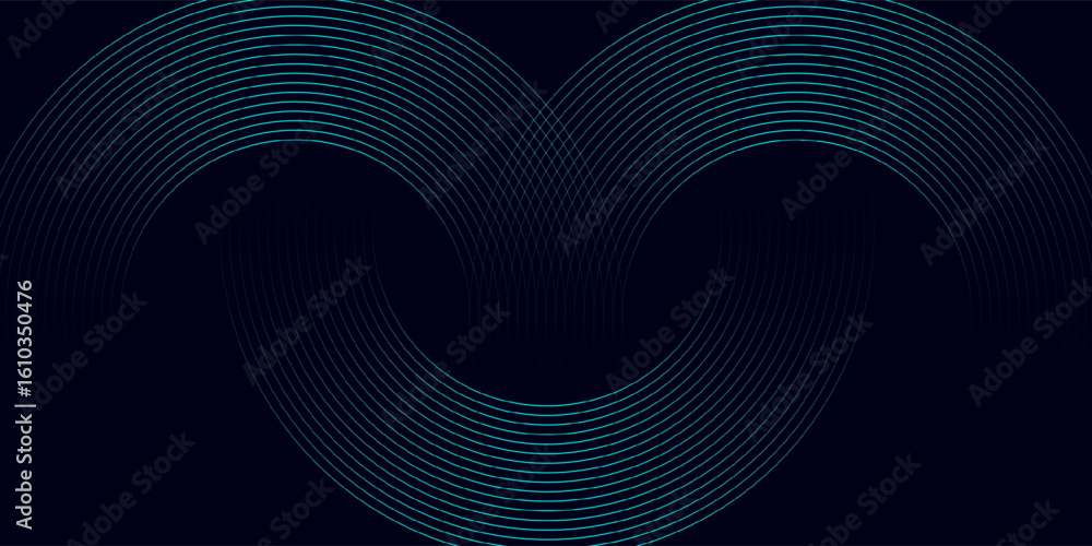 Poster futuristic abstract background with curved neon blue lines forming a wave-like symmetrical pattern o
