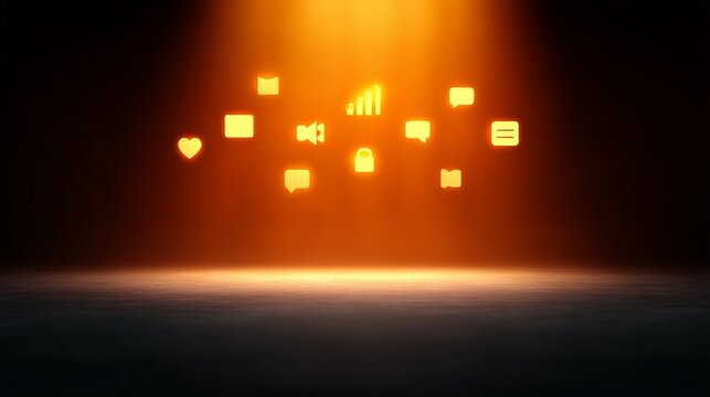 Modern Entertainment Trends Cinema, Streaming, and Pop Culture Illuminated icons representing communication and social media against a dark background.