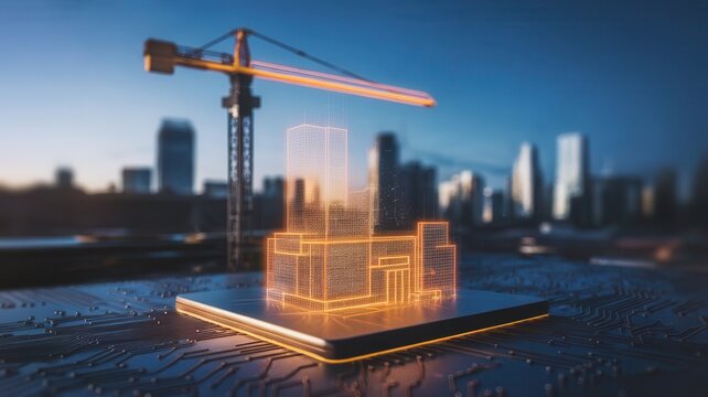 Digital blueprint city with construction crane and circuit board ground