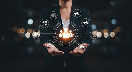 Businesswoman presents a digital marketing strategy with interconnected icons for global success