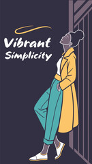 Stylish woman in yellow coat and teal pants leaning against a textured wall with vibrant simplicity text