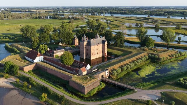 Drone shot of Loevestein Castle surrounded by water, trees, and open fields Netherlands