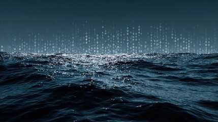 Digital rain over dark ocean waves