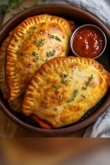 Delicious Baked Calzones with Tomato Sauce in a Rustic Bowl, Italian Food