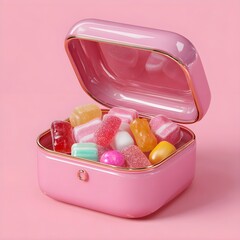 Pink Candy Treasure Box with Colorful Sweets and Treats on Pink Background