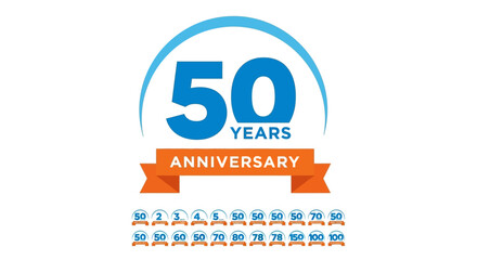 Blue 50 Years Anniversary Logo with Orange Ribbon and Number Variations