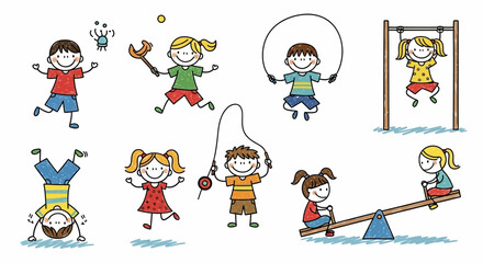 Set of happy, hand-drawn doodle children playing games and having fun at the playground.