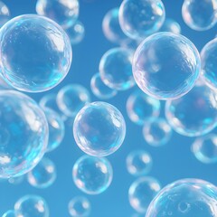Transparent Bubbles Floating in Blue Sky Background, Abstract, Watery, Soap
