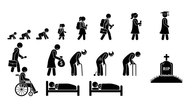 Black Silhouette Stick Figures Depicting Human Life Stages from Infancy to Death, Showing Development