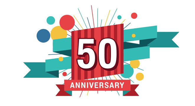Colorful 50th Anniversary Celebration Graphic with Ribbons and Confetti