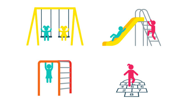 Colorful Children's Playground Activities: Swings, Slide, Monkey Bars, and Hopscotch