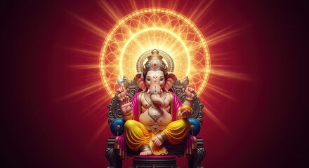 Obraz premium Ganesha on Royal Throne with Glowing Mandala – 4K Ganesh Wallpaper HD