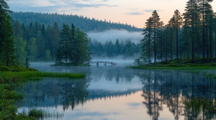 Misty lake sunrise
