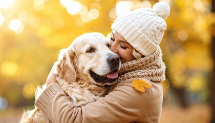 Woman Hugging Golden Retriever in Autumn Park