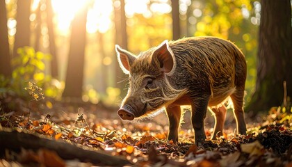 Young Wild Boar in Enchanted Forest Setting