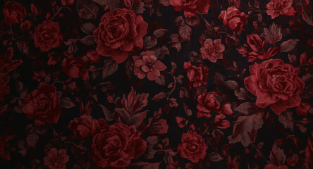 A dense floral pattern featuring deep red roses and foliage against a dark, almost black, background creating a vintage, romantic, and slightly gothic aesthetic.